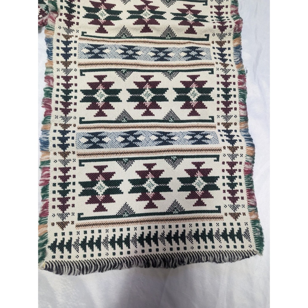 Southwestern Boho Tapestry Table Runner 14" X 70" Fringe Cream Red Green